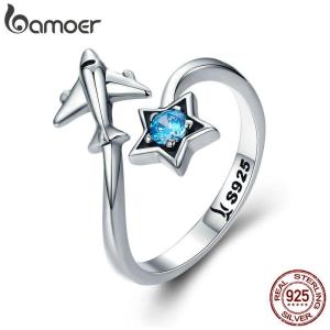 BAMOER Free Shpping 100% 925 Sterling Silver Trendy Star Tours Star & Plane Female Finger Rings for Women Sterling Silver Jewelry Anel SCR322
