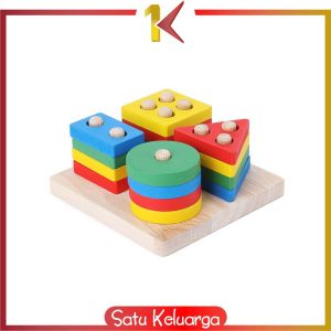 SK-M332 Puzzle Geometri Mainan Edukasi Anak Papan Susun Sortir Bentuk Rainbow / Puzzle Kayu Pilar Basic Shape Balok Susun / Wooden Toys Matching Shape Import