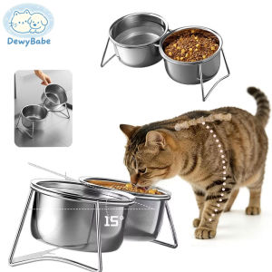 DewyBabe Stainless Steel Pet Bowl Double Bowl with Stand Large Capacity Neck Protectioion Dog Feeding Bowl