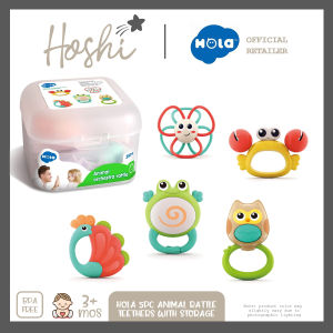 Hoshi Baby x Hola 5pc Animal Rattle Teether with Plastic Storage Container Sensory Toy Infant 3Mos+
