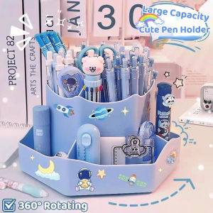 Large Capacity 360° Pen Holder Rotating Cosmetics Stationery Storage box Office Desktop Storage Box with Cartoon Stickers