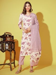 [ Ready SG Stock ] Purple with Golden hue Floral Printed Straight cut 3 Pcs Cotton Punjabi Suit with Dupatta [ Indian Dresses ]