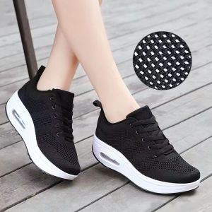 Fly Woven Black Rubber Shoes For Women Korean Hidden Wedge Jogging Shoes For Lady Slip-Non Running Chunky sports Shoes