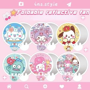New Summer Sanrio Folding Fan Kawaii Kuromi Hello Kitty Cinnamoroll Hangyodo Portable Foldable Reflective Fan Cartoon Self Reflective Mirror Girl Gift