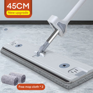 🔥New upgrad 45cm big Size Squeeze Flat Mop With Fold Bucket Spin Mop Floor Cleaning dry & wet Mop Free Hand Washing Lazy Mop Lantai 懒人拖把