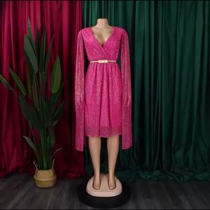 C8543 With Belt 2023 New V Collar Temperament Long Sleeve Cape Waist Dress Foreign Trade Dress ㏇L0514