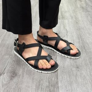 Dép Sandal Nam Da Bò Phối Dù Dép Quai Hậu Nam Da Bò màu Đen Đế Trắng