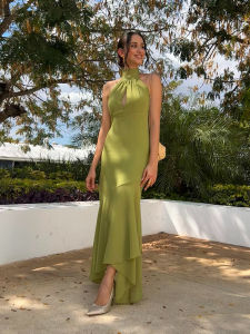 Elegant Green Chiffon Halter Long Dress Women Hollow Out Backless Ruffle Maxi Dress 2026 Summer Wedding Guest Evening Party Gown2026