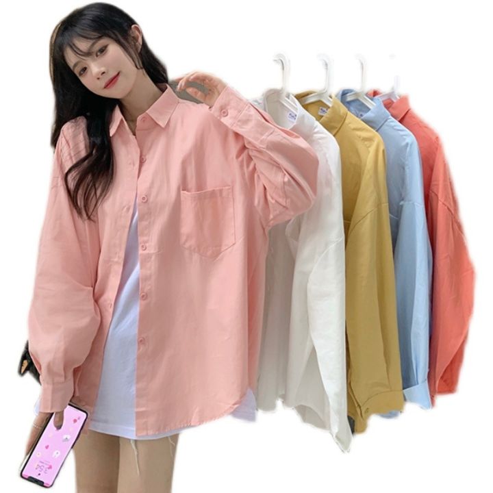Korean Style Plain Shirt for Women Casual Long Sleeve Girls Blouse Tops