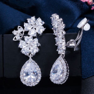 SEQUITO Exquisite No Piercing Flower Clip On Earring Bridal Wedding Crystal Jewelry Paved Shiny AAA Zirconia Crystal Woman Silver Color Non Hole Earrings SE743