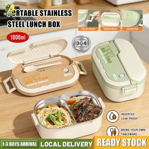 1000ml Lunch Box For Adult Food Container 304 Stainless Steel Large Capacity Portable Bento Box Lunch Box Leak-proof Travel Lunch Box Includes Cutlery Fadikou