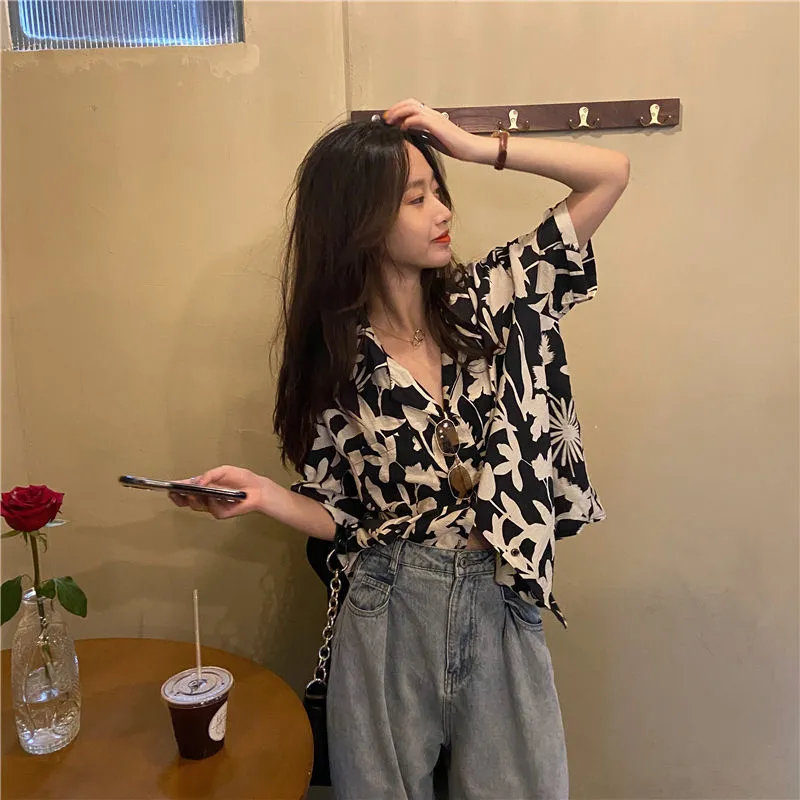 2024 New Women Blouse Korean Style Casual Retro Floral Shirt Summer Loose  Short Sleeve Chic Top Ins Trendy Women Clothes