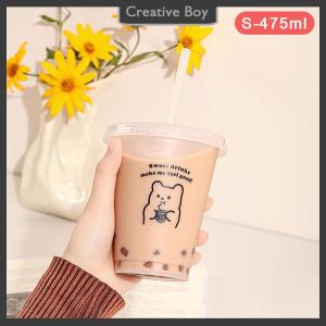 [Creative] Kawaii Water Bottle For Coffee Juice Milk Tea Cute Plastic Cold Cups With Straw Lid Portable Reusable Drinking Bottle BPA Free