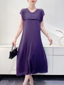 L-851# One Size (45-75kg) Summer Stitching WomenS Comfort And Casual Pleated Midi Dress Sleeve Loose Plus Size