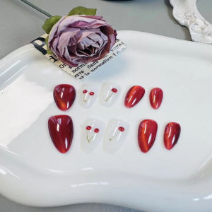 【HANDMADE+Free Glue】Real Photos Press on Nails Pure cherry red almond nails Phototherapy Fake Nail Patch Artificial Nail Reusable