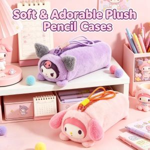 Plush Pencil Case Pouch Large Capacity Cute Cartoon Zipper Soft Fabric Stationery Organizer School Use
