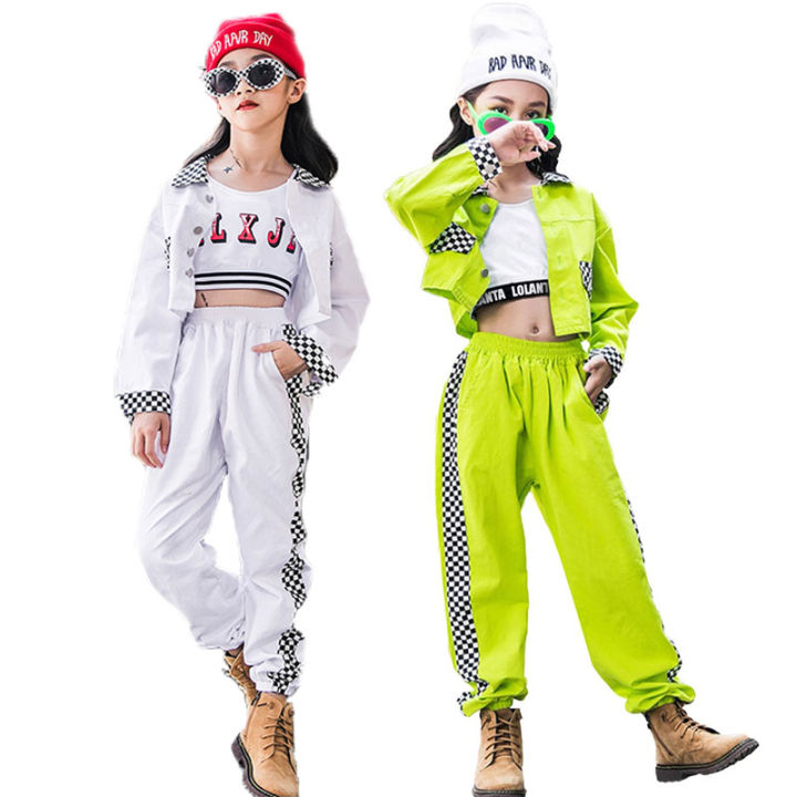 LOlanta Kids White Long Sleeve Crop Tops Clothes Children Green Pink Hip  Hop Street Dance Pants Girls Jazz Dance Costume Competition Casual Wear  4-16 Years