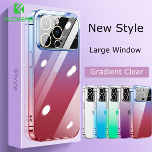 FLOVEME Plating Gradient Clear Large Window Phone Case For iphone 14 13 12 Pro Max 14 Plus With Lens Film Protector Transparent PC Hard Shockproof Back Cover For iphone 14 13 12