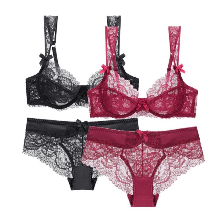 Fashion See Through Bras Women's Underwear Sets Sexy Lingerie Underwire  Ultra Thin No Sponge Cup Ladies Transparent Bra And Panties Set Wired  Comfort Push Up Plus Size Girl Lace Brassiere Red Black