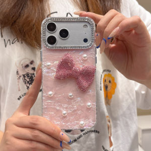 IMD Iridescent Shell 3D Rhinestone Bow Pearl Clear Phone Case For iPhone 17 16 15 14 13 12 11 Pro Max