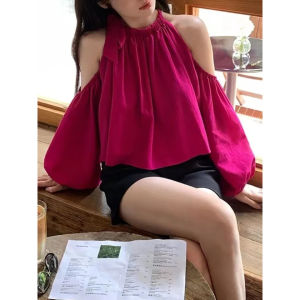 NEW GRIDIA Atasan Wanita Blouse Halter Neck Serut Leher Crop Top Lengan Panjang Ellegant bahan katun