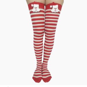 Women Christmas Striped Thigh High Stockings with Santa Claus Bow Red Green Over Knee Long Socks Halloween Cosplay Party Hosiery