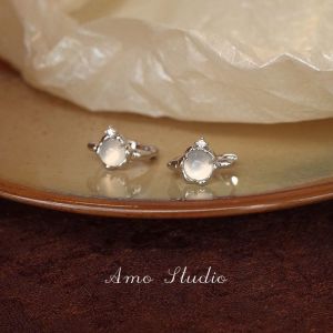 AMO Day Moon   White Chalcedony Earrings for Women Niche Design Studs Versatile Commuting Earrings Original Earrings
