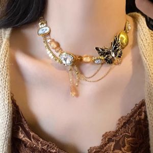 BELLEMODE ปรับได้ปรับได้ สร้อยคอผีเสื้อพลอยเทียม หวานหวานแหววว พูดเกินจริง โชคเกอร์ผู้หญิง วินเทจ เครื่องประดับคอคอ สร้อยคอคริสตัลพู่ สาวๆ