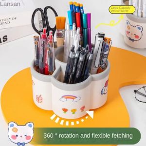 FDGFGG 360° Rotating Petal-shaped Pen Holder with Cartoon Sticker White Pencil Organizer Portable Large-capacity Lipstick Storage Box Office