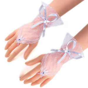 SG Short Lace Bridal Gloves with Bowtie in Black Beige White for Wedding ROM Use