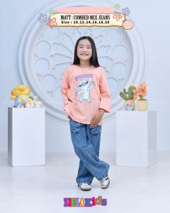 Baju setelan Ziela anak perempuan cotton combad 20s mix jeans gombrong STITCH / One set anak perempuan kasual celana jeans terbaru