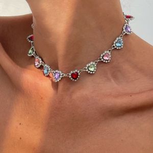 INGER Rainbow Love Heart Necklaces Ethnic Style Jewelry Clavicle Chain Creative Hiphop Colorful Rhinestone Choker Ladies