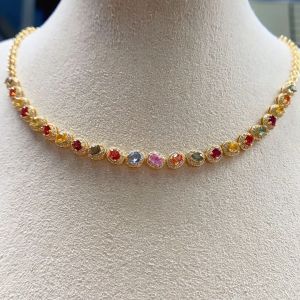 Natural Multi-Color Sapphire Necklace Gold Plated S925 Silver Inlaid 3*4mm Oval Stones Full Zircon Halo Luxury Jewelry
