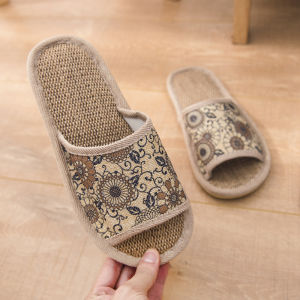 [Free Shipping] 2026 New Style Rattan And Linen Slippers For Women Floral Design CoupleS Non-Slip Floor Home Linen Slippers