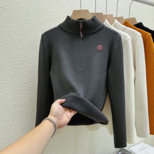 One-Piece Fleece Zipper Half Turtleneck Sweater for Women Thickened Base Shirt New Autumn Winter Knitted Top pullover