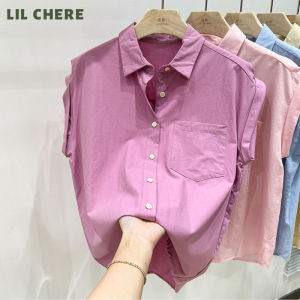 LIL CHERE Cotton Blouse for Women New Style 2023 Blue Short-sleeved Blouse Fashion Shirt