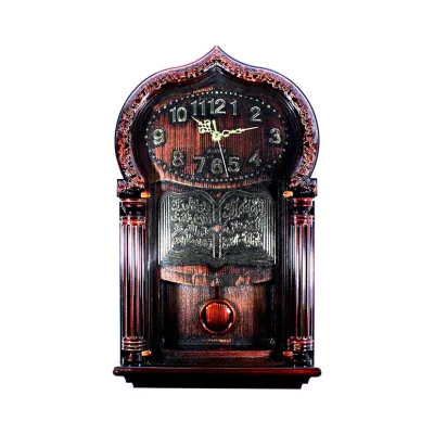Jam Dinding Kaligrafi Muslim Bandul Goyang Motif Kayu 8174 FREE BATERAI