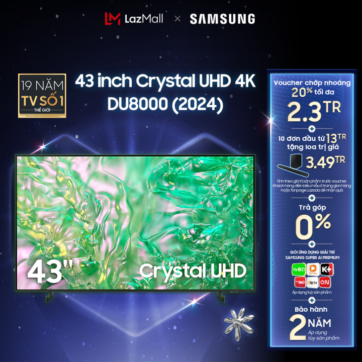 [ĐÓN CHỜ 23.5 SĂN VOUCHER 20%] Smart Tivi Samsung 4K Crystal UHD DU8000 UA43DU8000KXXV(2024)- 43 inch- Hàng Chính Hãng - Phân Phối Bởi Lazada - MIỄN PHÍ VẬN CHUYỂN TOÀN QUỐC