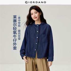 GIORDANO Women Jackets Single Pocket Hooded Denim Jackets High-Low Hem Button Closure Fashionable Casual Loose Jackets 13376705