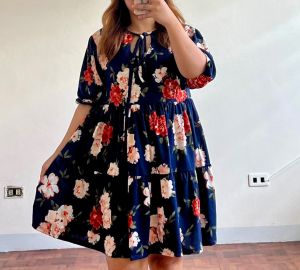 Erika Dress / casual or office dress / Good for Medium to XL  with stylish ribbon on neckline  layered skirt and 3/4 sleeves