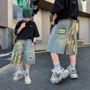 Novelty Kids Summer Capris Shorts For Boys Patchwork Letter Print Denim Shorts Ripped Jeans Teenager Child Casual Mid-Calf Pants