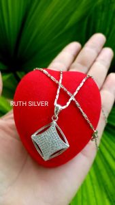 KALUNG BALOK MINI REMAJA/DEWASA+LIONTIN MODEL WAJIK PERMATA KILAU PUTIH PERAK ASLI 925 SILVER LAPISAN EMAS PUTIH BUKAN IMITASI ATAU XUPING PERHIASAN WANITA WARNA TAHAN LAMA PANJANG UKURAN STANDAR 45 CM BERAT 5.06 GRAM