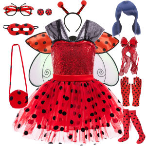 Children Halloween Ladysbug Girl Dress Small Flying Sleeve Cosplay Princess Clothes Birthday Party Stage Performance Kid Costume