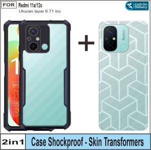 Case Redmi 12c/11a Paket 2in1 Hardcase Shockproof Transparan Free Skin Carbon