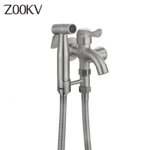 ZOOKV Bathroom 304 Stainless Steel 1 in 2 out Double Two 2 Way Water Tap Faucet With Sprayer Head Hose P15A