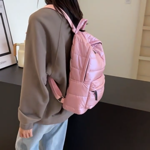 Fashionable Shining Metallic Quilted Puffer Backpack for Womens Lightweight Travel Large Capacity School Bag with Padded
