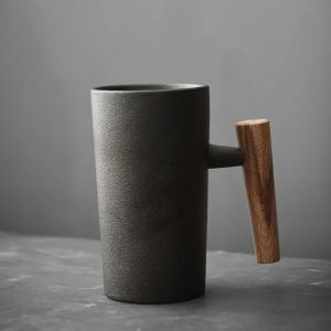 Ceramic Mug with Wooden Handle Coffee Cup Oatmeal Breakfast Cups Couple Water Cups Milk Mug Milk Tea Cup Juice Glasses Tea Mugs