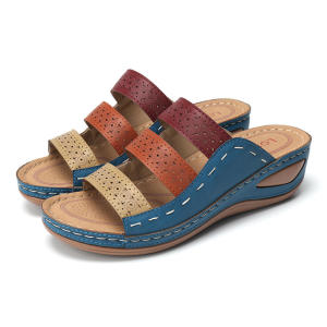 [Free Shipping] Summer Color-Block Casual Slip-On Sandals With A Hollowed-Out Design And A Wedge Heel Available In Plus Sizes For Women