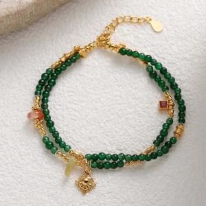 Natural Blue‑Water Jadeite Double‑Layer Bracelet Red Agate Safety Buckle Garnet Gold‑Plated S925 Silver Chinese‑Style Bracelet