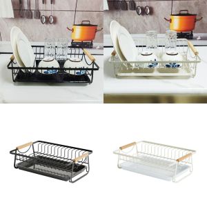 PRIMEPICKGLOBAL Wood Handle Dish Rack Removable Tray Modern Style Water Filter Shelf Heavy Duty Multifunctional Tableware Storage Basket Kitchen Countertop Storage